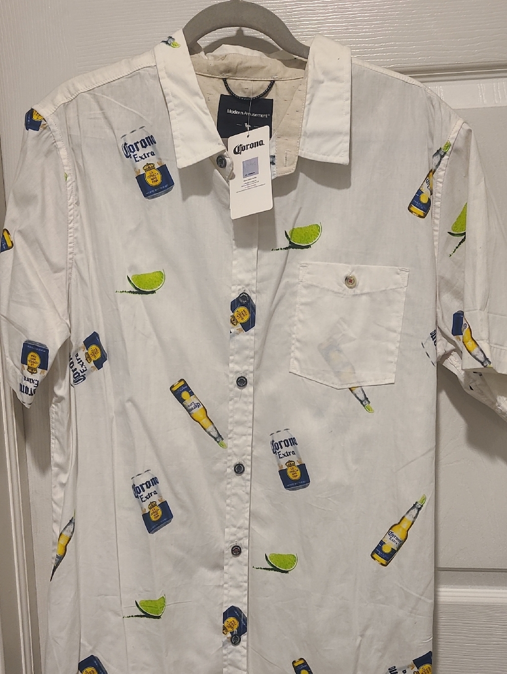 Corona White Short-Sleeve Button-Down Shirt with Lime and Bottle Print